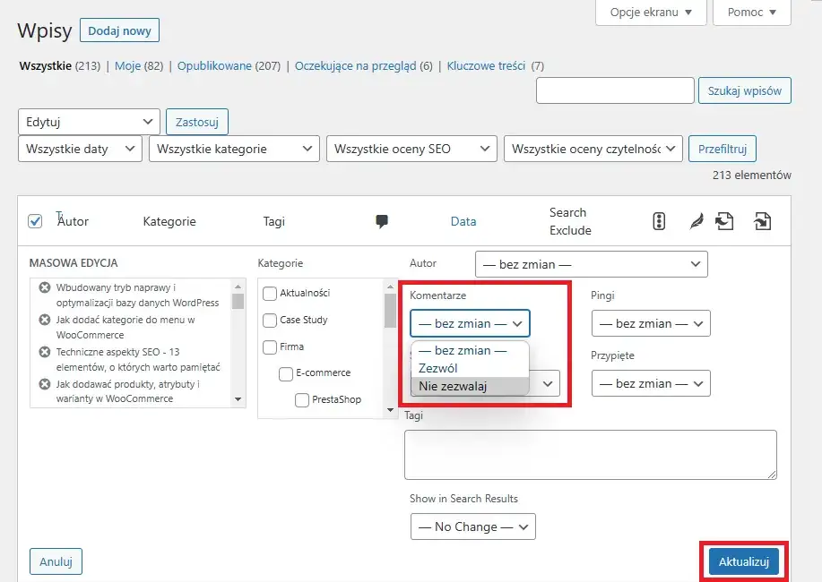 WordPress masowa edycja wyłączanie komentarzy