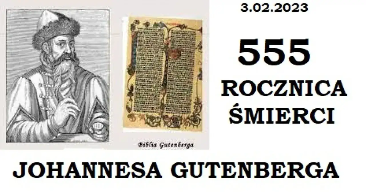 Portret Johannesa Gutenberga, wynalazcy druku, i fragment Biblii Gutenberga. Obraz upamiętnia 555. rocznicę jego śmierci.