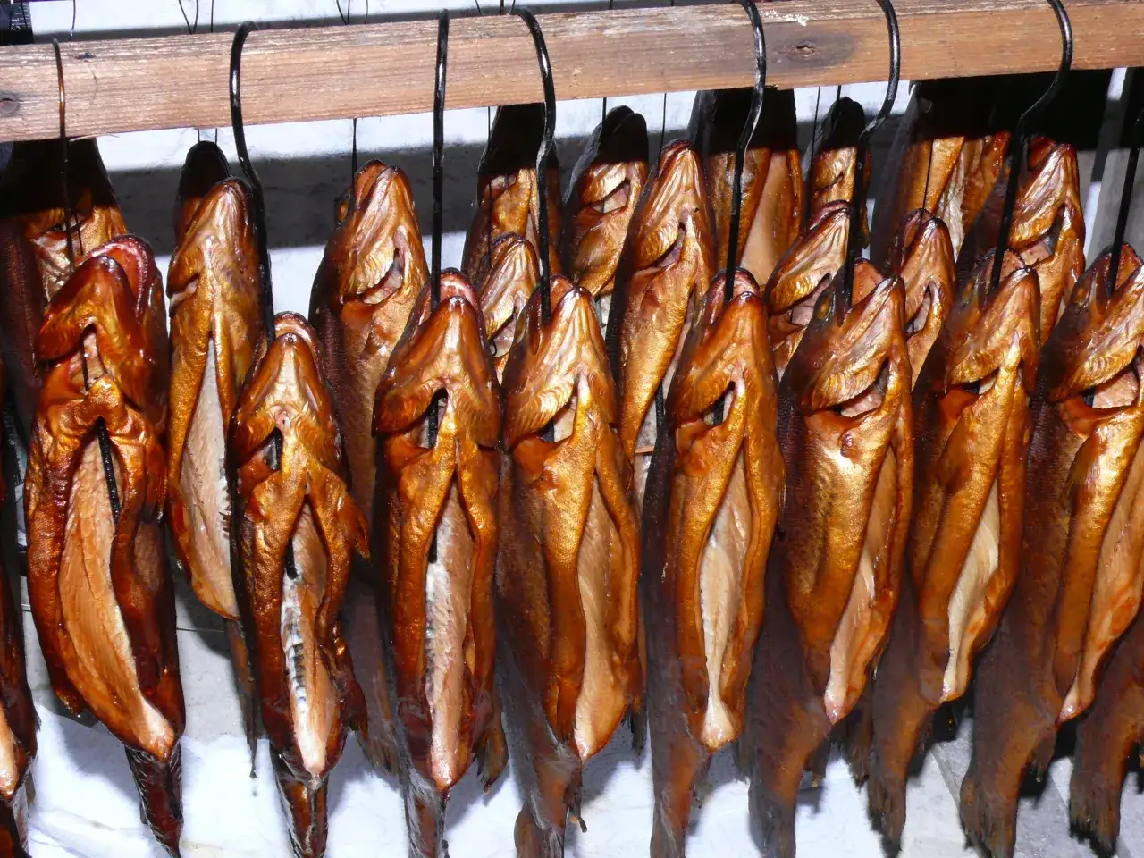 Złociste, wędzone pstrągi wiszą na drewnianej belce. Zastanawiasz się, jak długo wędzić pstrąga, by uzyskać taki efekt?