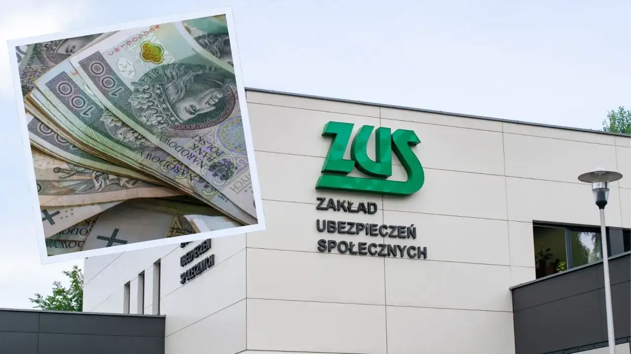 Stos banknotów obok budynku ZUS symbolizuje dylemat: emerytura i praca jednocześnie.