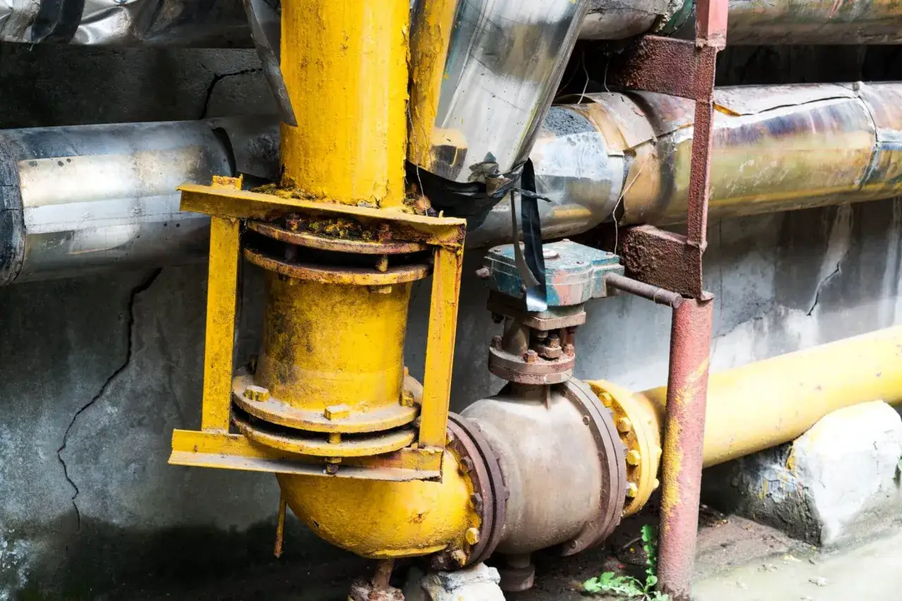 Żółte i metalowe rury z zaworem. Kto jest właścicielem sieci wodociągowej? To pytanie, na które odpowiedź kryje się w infrastrukturze.