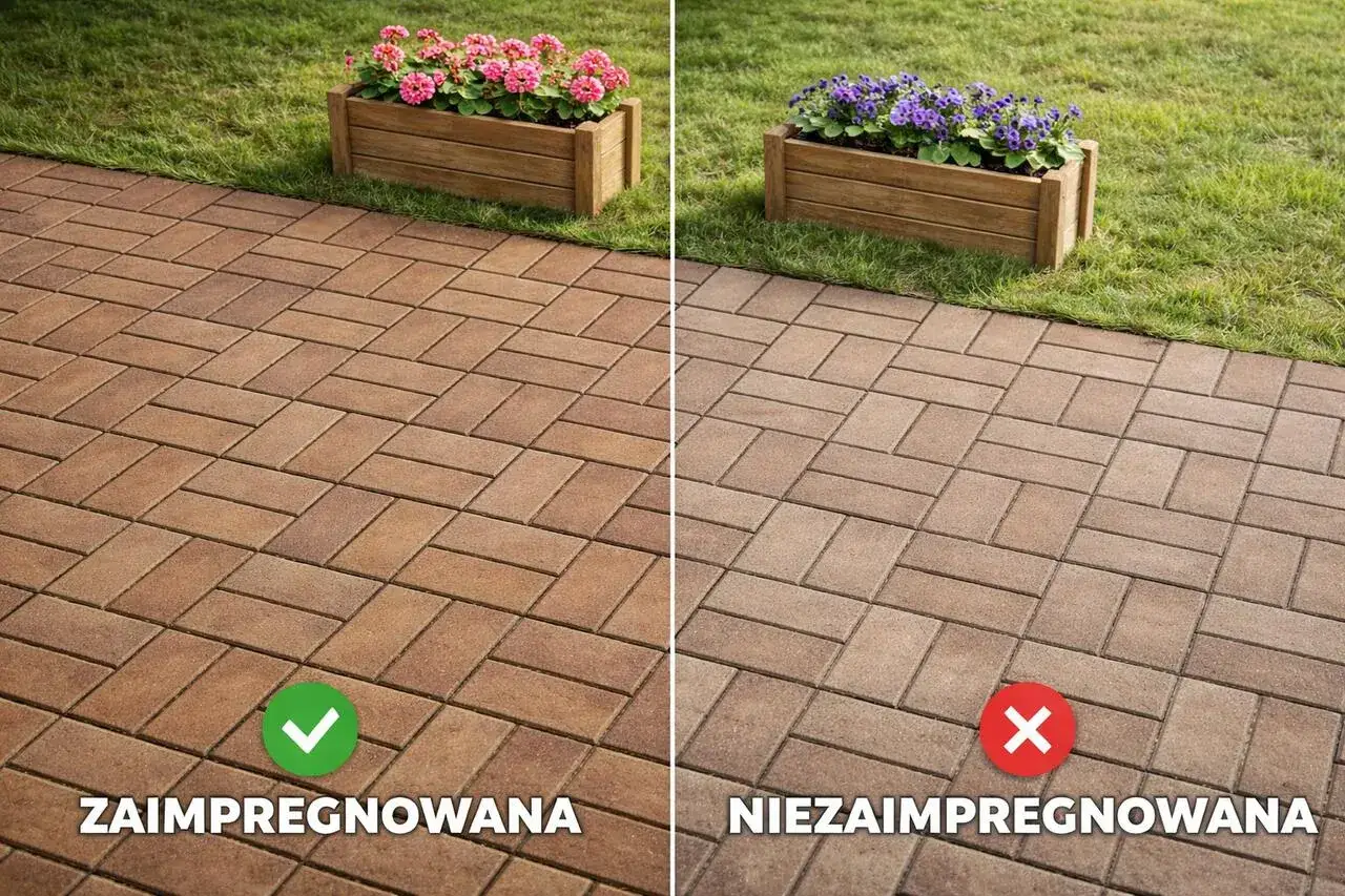 Por&oacute;wnanie kostki brukowej: zaimpregnowana ma głębszy kolor i jest chroniona, niezaimpregnowana jest jaśniejsza.
