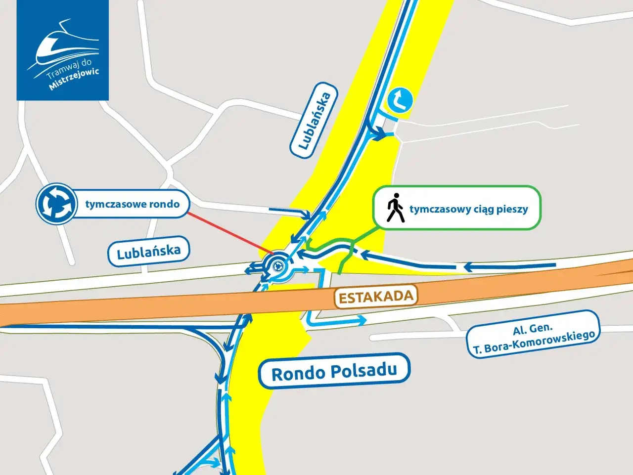 Mapa tymczasowych objazdów w Krakowie: rondo, estakada, tymczasowy ciąg pieszy. Aktualne remonty dróg w Krakowie wpływają na ruch.