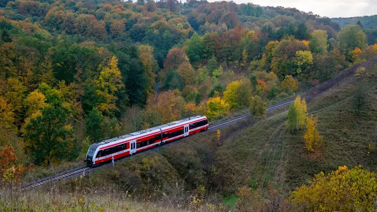 Nowoczesny pociąg na tle krajobrazu Polski