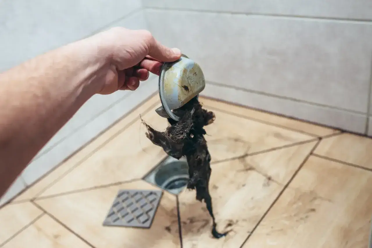 Ręka wyciąga z odpływu prysznicowego kłębek włos&oacute;w i brudu. Zapchany odpływ w kabinie prysznicowej to problem.