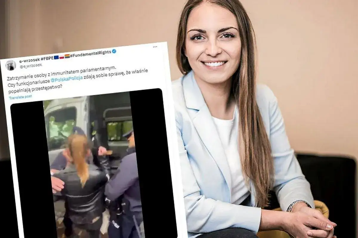 Uśmiechnięta posłanka Kinga Gajewska obok zrzutu ekranu z tweetem o zatrzymaniu osób z immunitetem parlamentarnym.