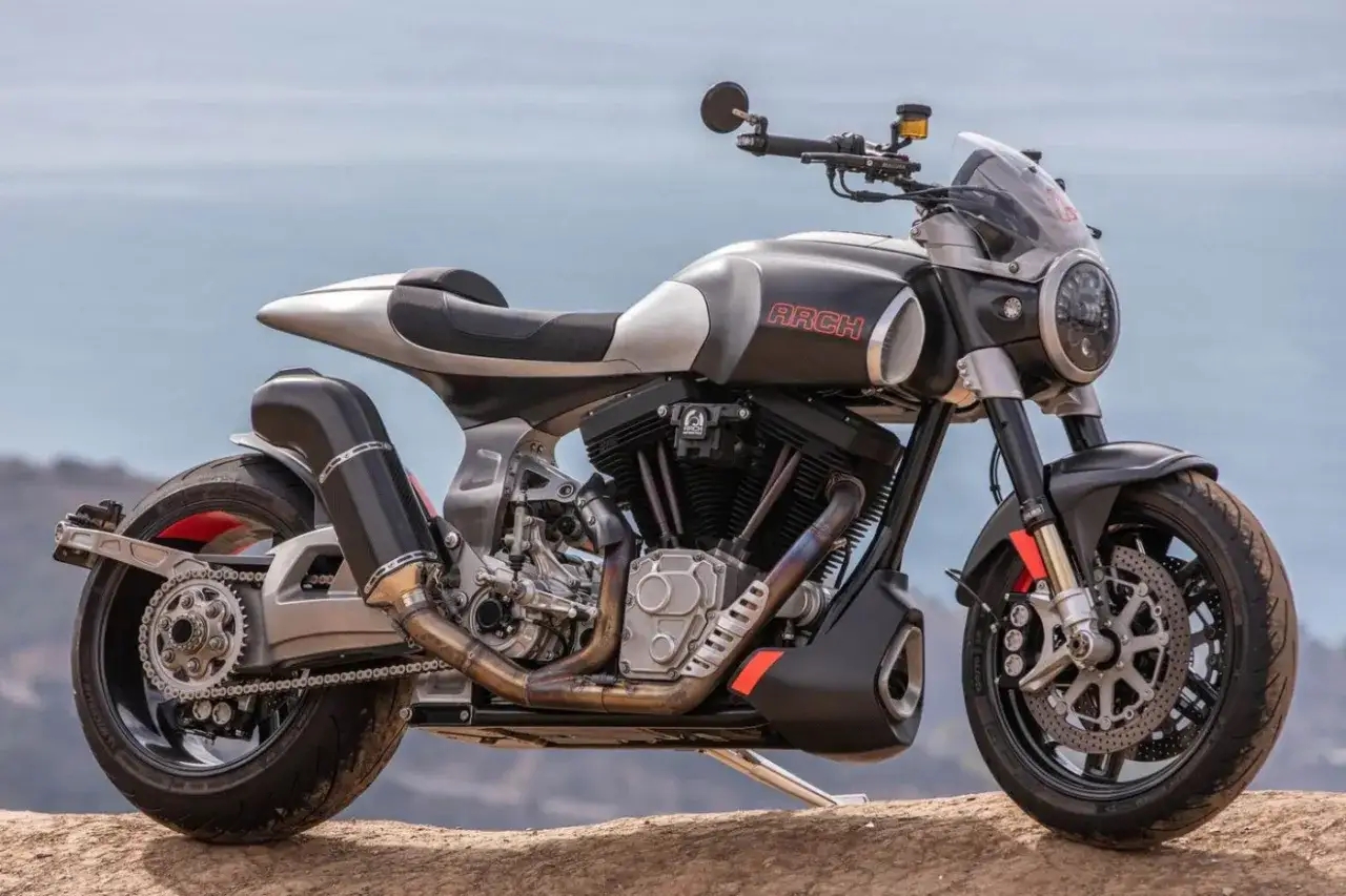 Potężny motocykl ARCH 1s z silnikiem V-twin, wykonany z włókna węglowego i aluminium, gotowy na podbój dróg.