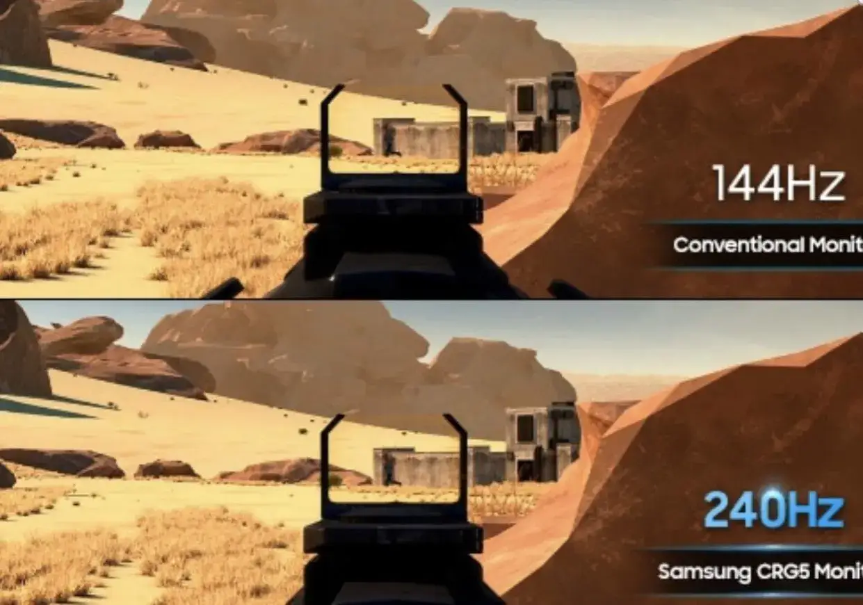 Porównanie obrazu z gry na monitorze 144Hz i 240Hz. Wyższa wartość Hz w monitorze zapewnia płynniejszy obraz, co daje przewagę w grach.