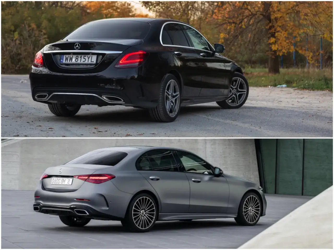 Dwa Mercedesy Klasy C: czarny na tle jesieni i szary na tle betonu. Klasa C ma 4751 mm długości.