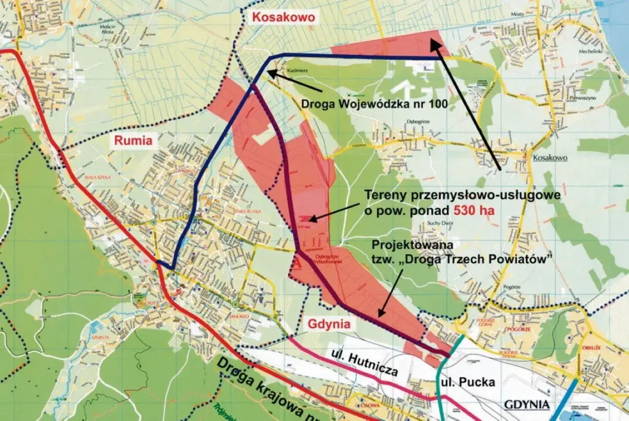 Mapa pokazuje, gdzie jest Rumia w Polsce, z zaznaczonymi drogami i terenami przemysłowymi.
