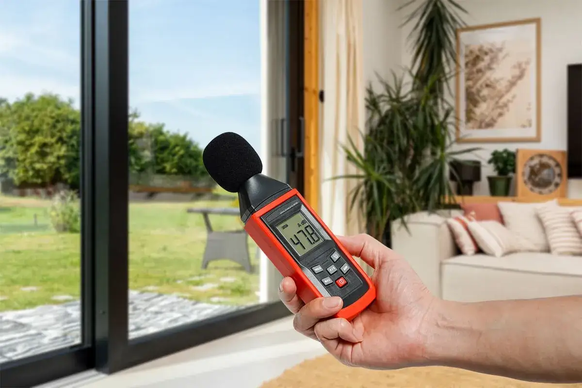 Miernik hałasu pokazuje 47.8 dB, pomagając zrozumieć, jak wyciszyć okna i uzyskać ciszę w domu.