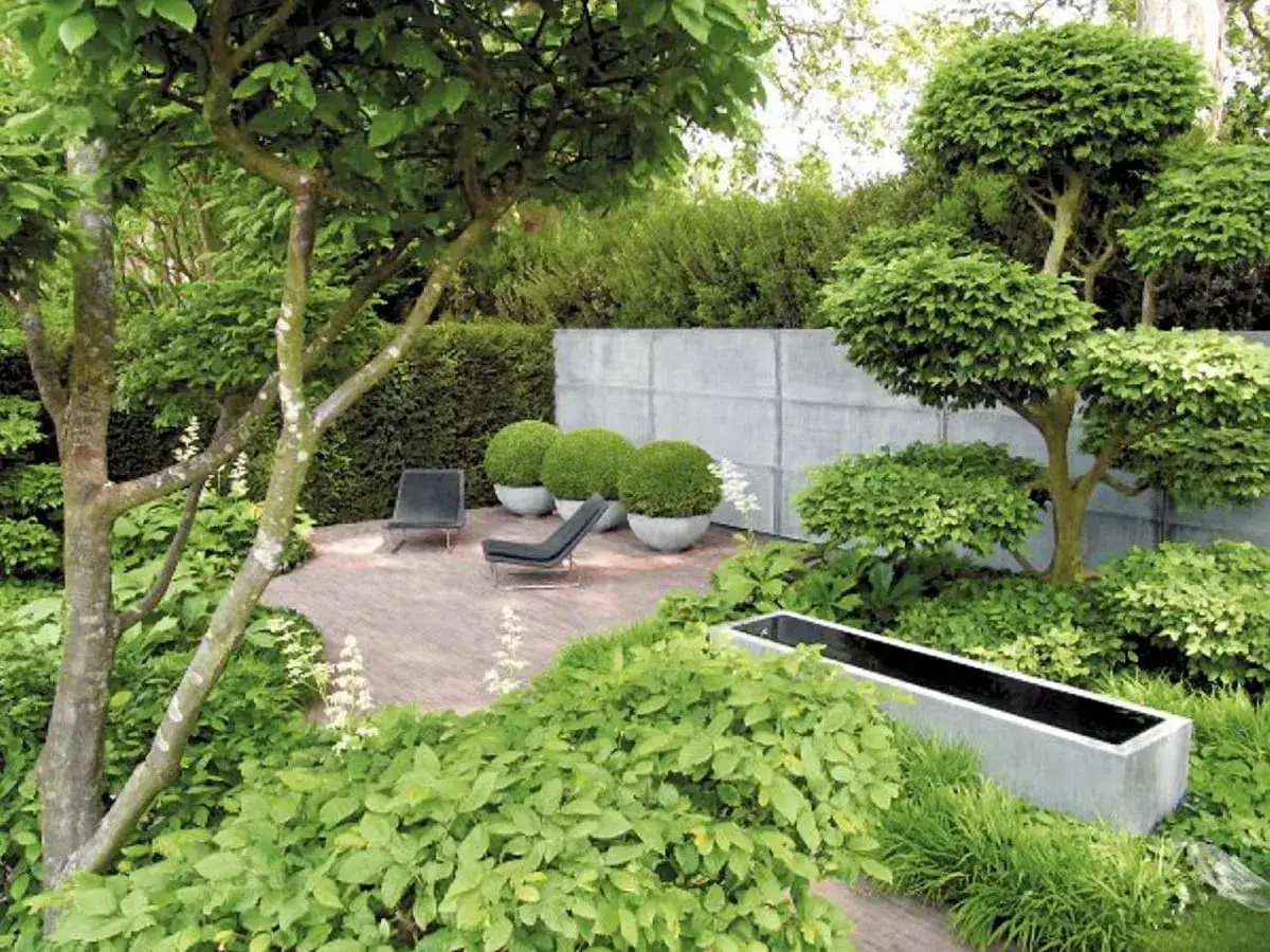 Nowoczesny ogr&oacute;d z betonowym murem i minimalistycznymi meblami. Tani pomysł na ogr&oacute;d, kt&oacute;ry zachwyca prostotą i zielenią.