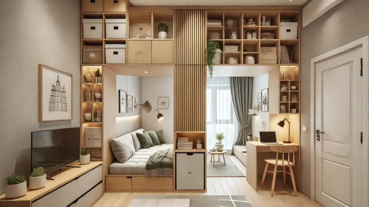 Funkcjonalny projekt kawalerki: łóżko z miejscem do przechowywania, biurko, regały i kącik wypoczynkowy.