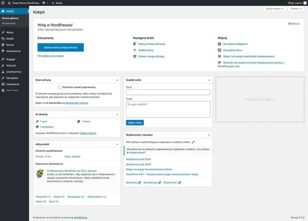 Panel administracyjny WordPress kokpit