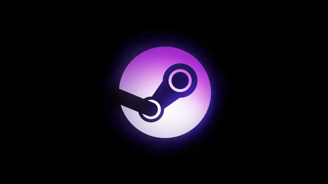 Logo Steam w fioletowo-białej poświacie na czarnym tle. Czasem steam nie widzi gry, ale logo zawsze jest.
