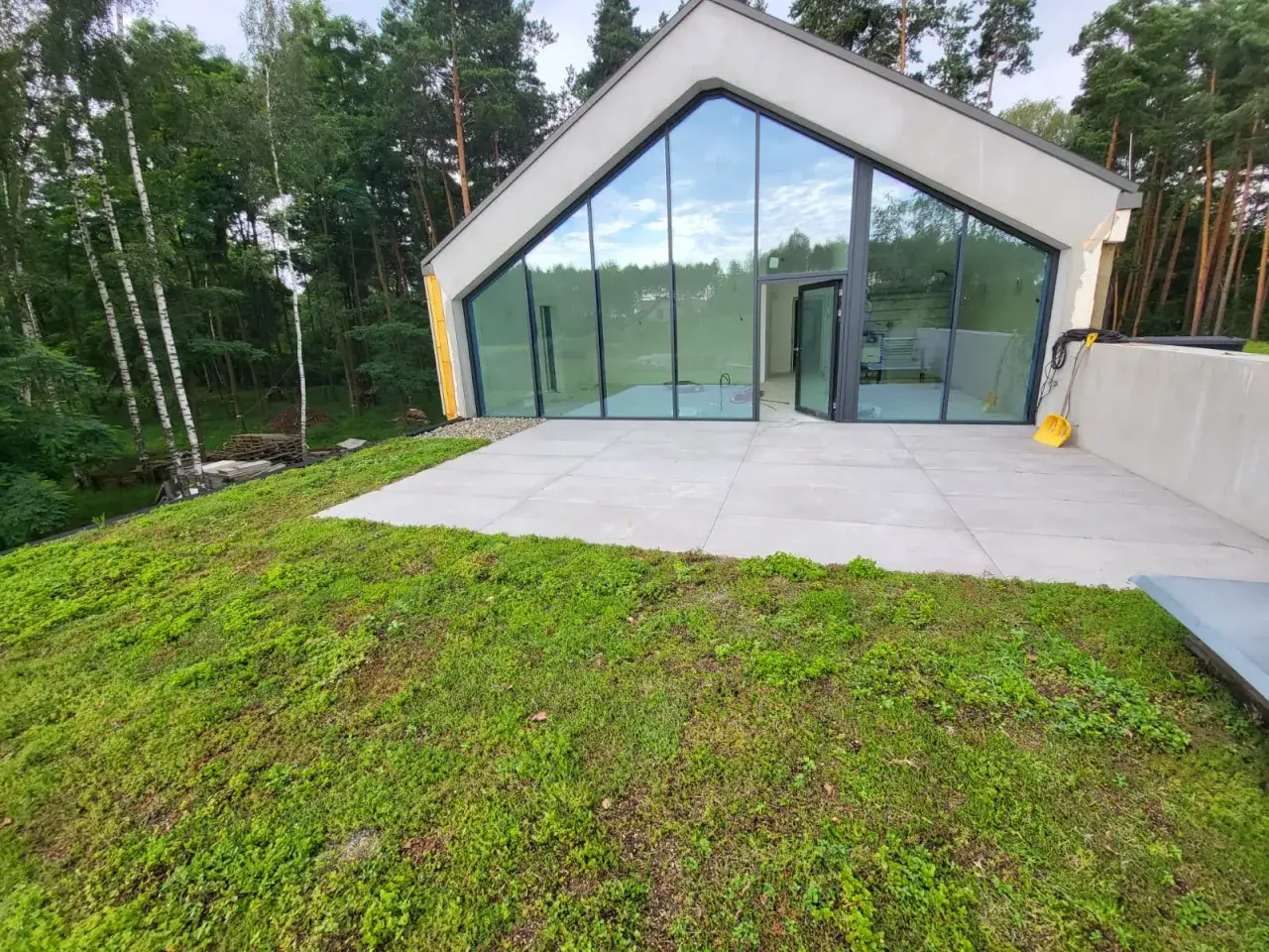 Nowoczesny dom z wielkoformatowymi oknami i lekkim dachem płaskim, otoczony zielenią i lasem.