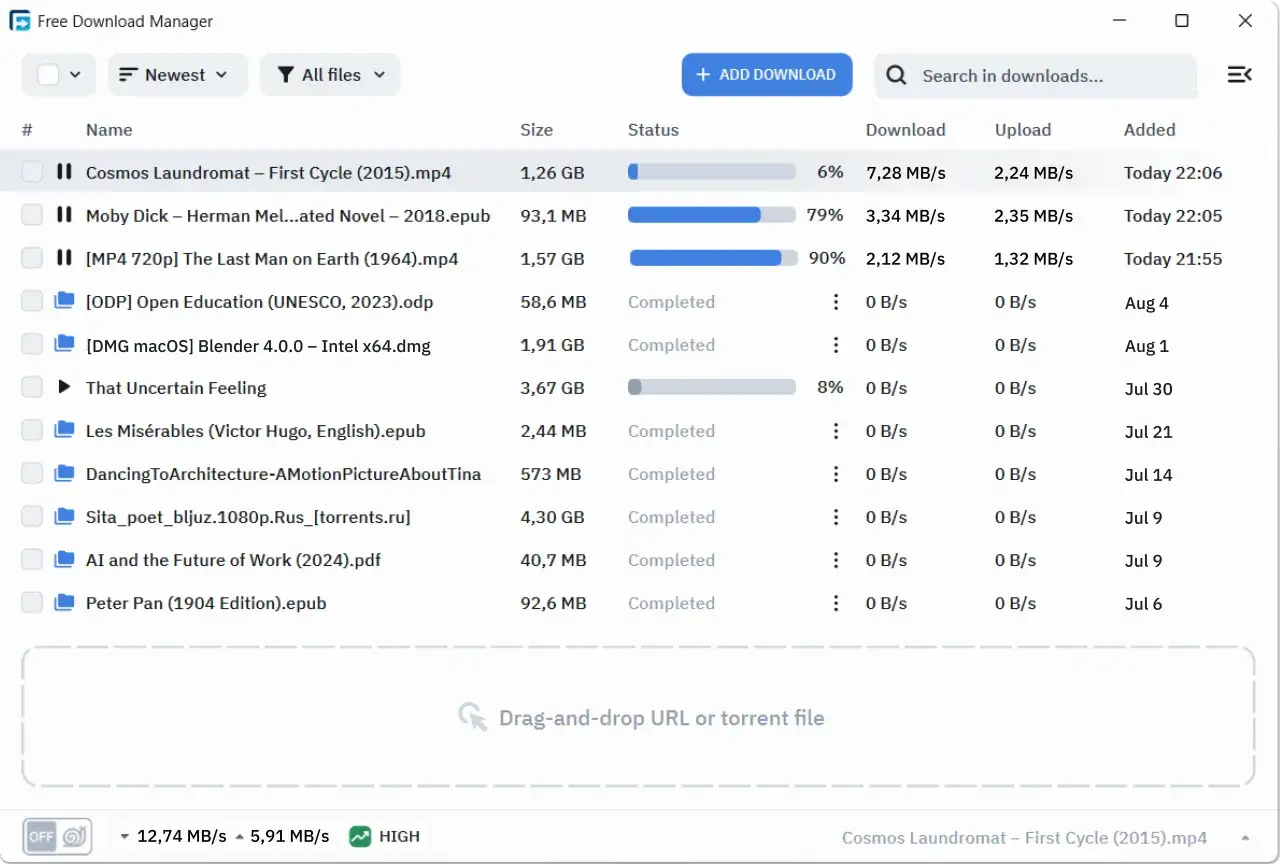 Free Download Manager interfejs, akcelerator pobierania