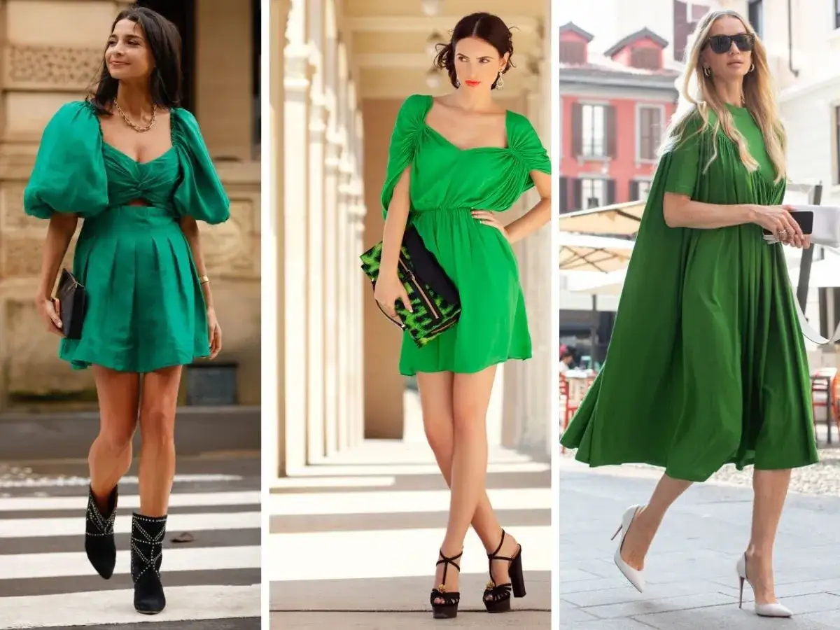Trzy kobiety w zielonych sukienkach. Pierwsza w botkach, druga w sandałach na obcasie, trzecia w szpilkach. Inspiracje: jakie buty do zielonej sukienki.