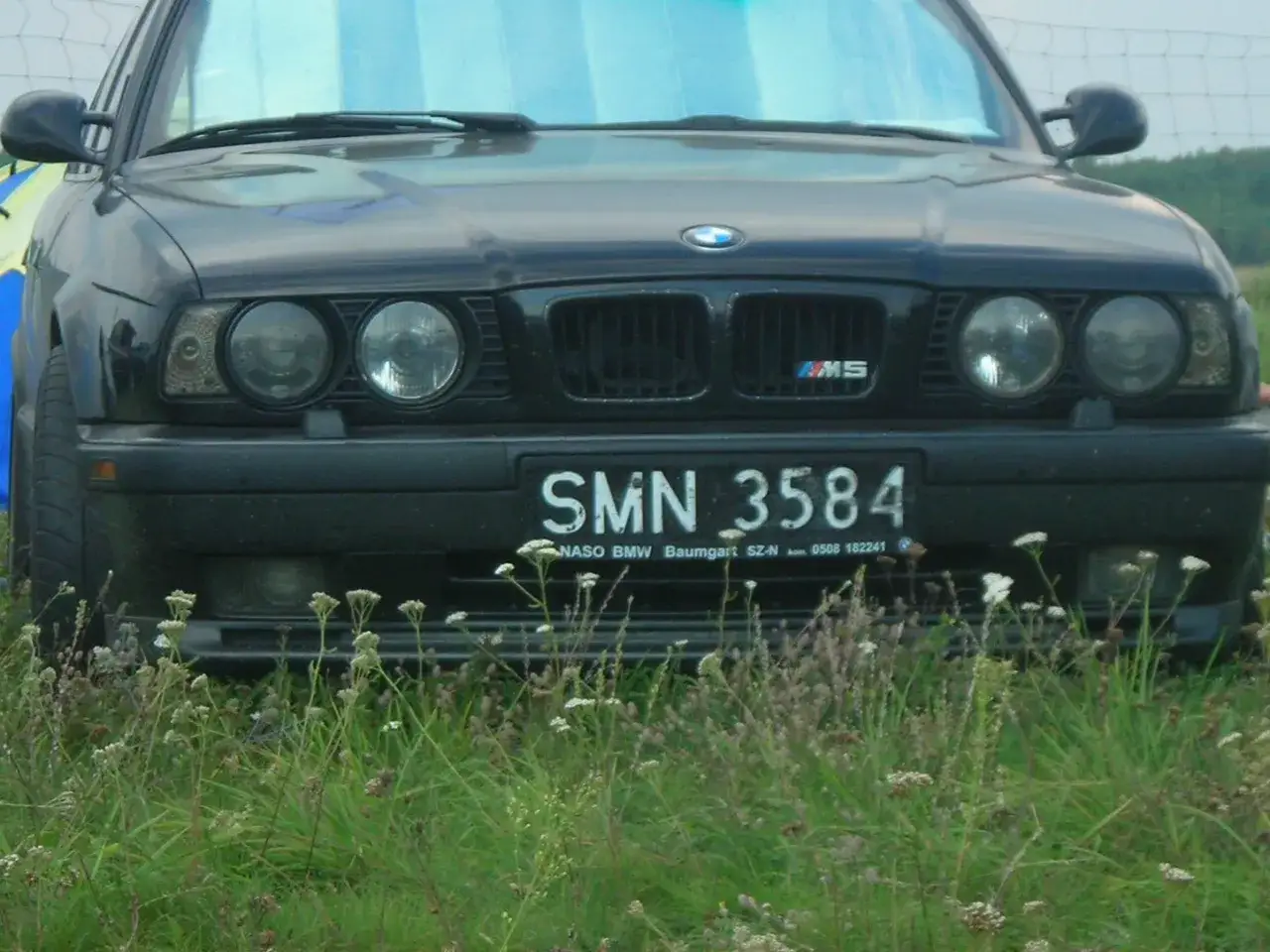 Czarna BMW z tablicami rejestracyjnymi SMN 3584, z emblematem M5, stoi na łące.