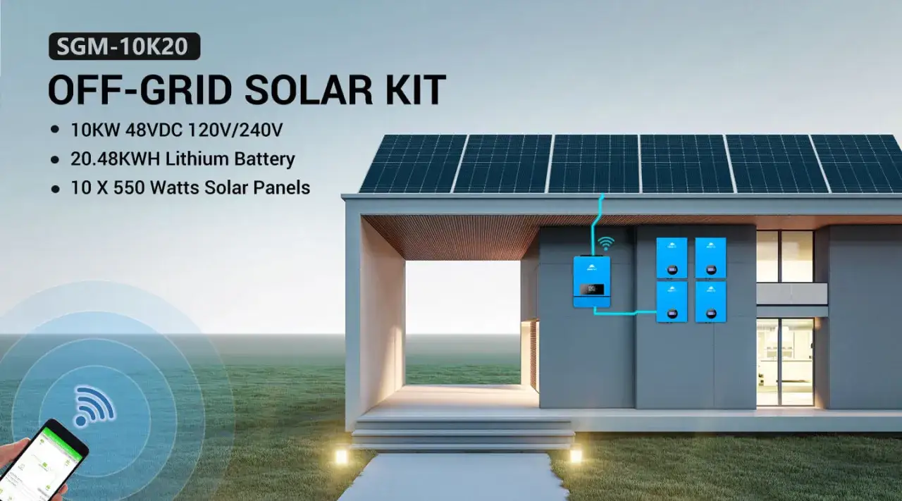 Nowoczesny dom z panelami fotowoltaicznymi 10kw na dachu i systemem magazynowania energii. Sterowanie smartfonem.