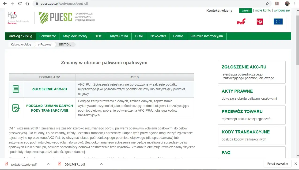 portal PUESC lub zbiornik na olej opałowy