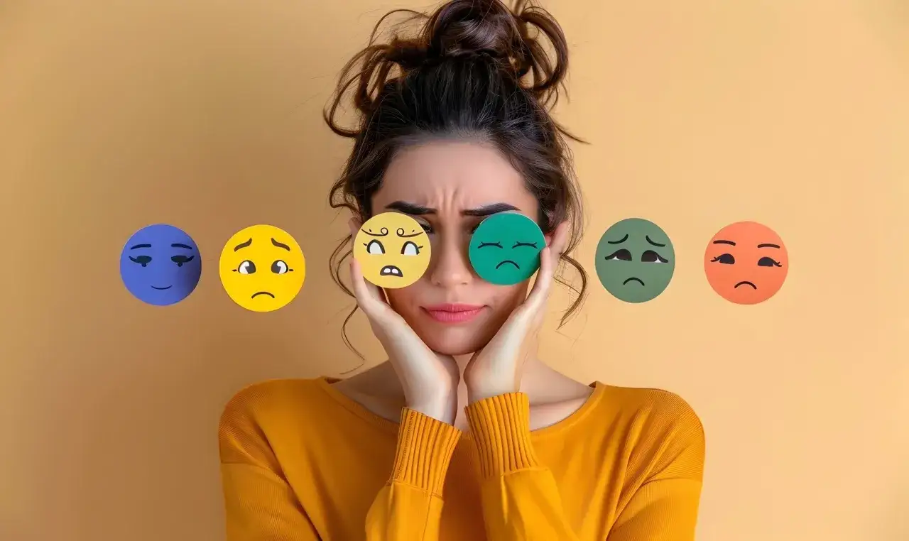 Kobieta z emotikonami przed oczami. Czy to kontrakcja emocji?