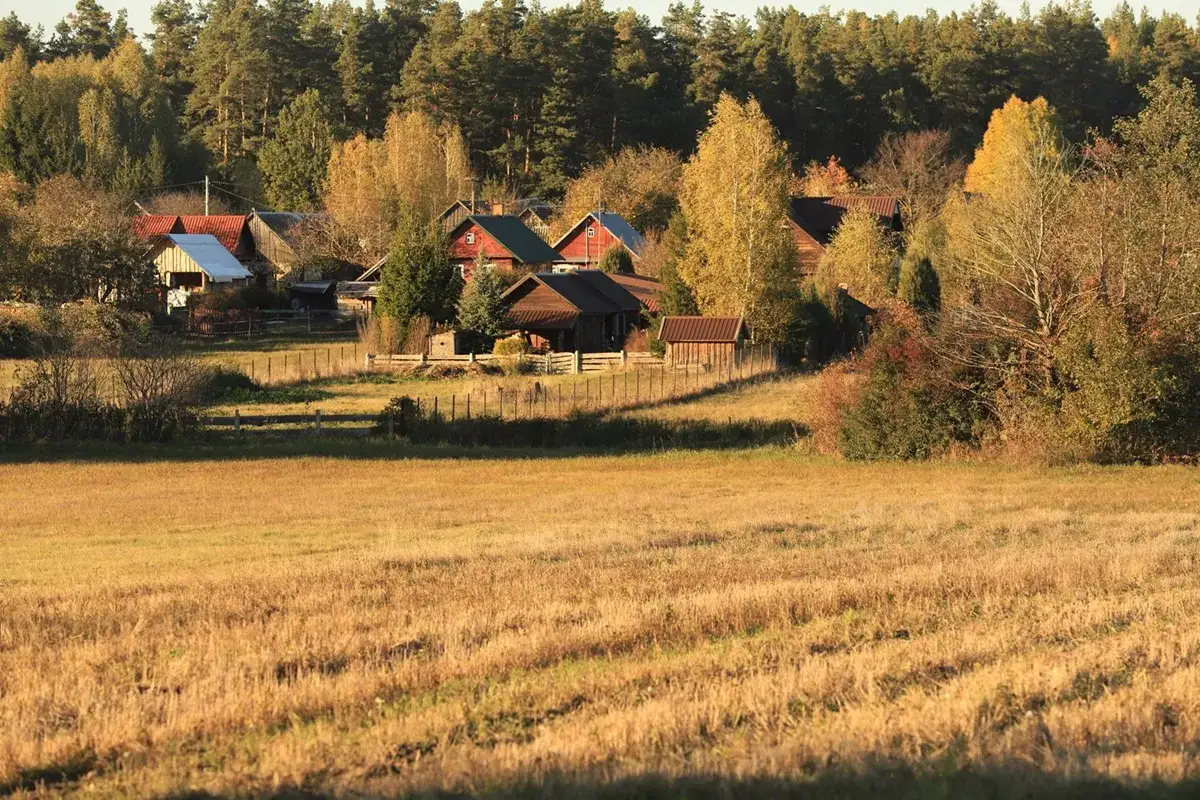 Jesienne krajobrazy Podlasia: sielski widok na wieś z drewnianymi domkami i polami w złotym świetle.