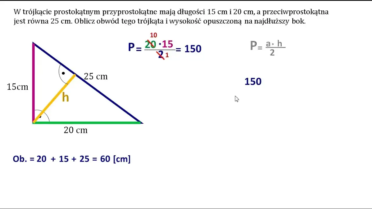 wysokość w trójkącie prostokątnym na przeciwprostokątną
