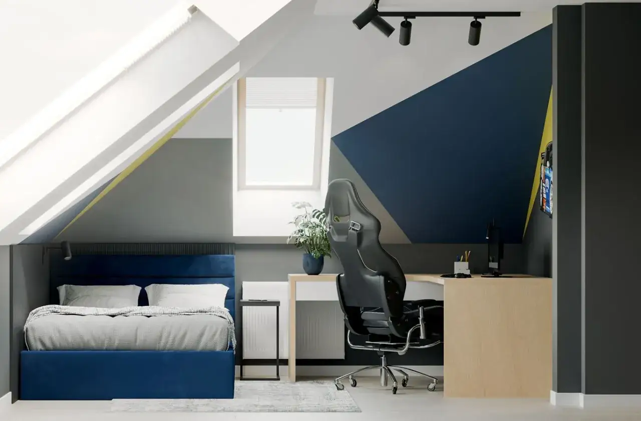 Nowoczesne pokoje na poddaszu dla nastolatk&oacute;w: wygodne ł&oacute;żko, biurko gamingowe i geometryczne wzory na ścianach.