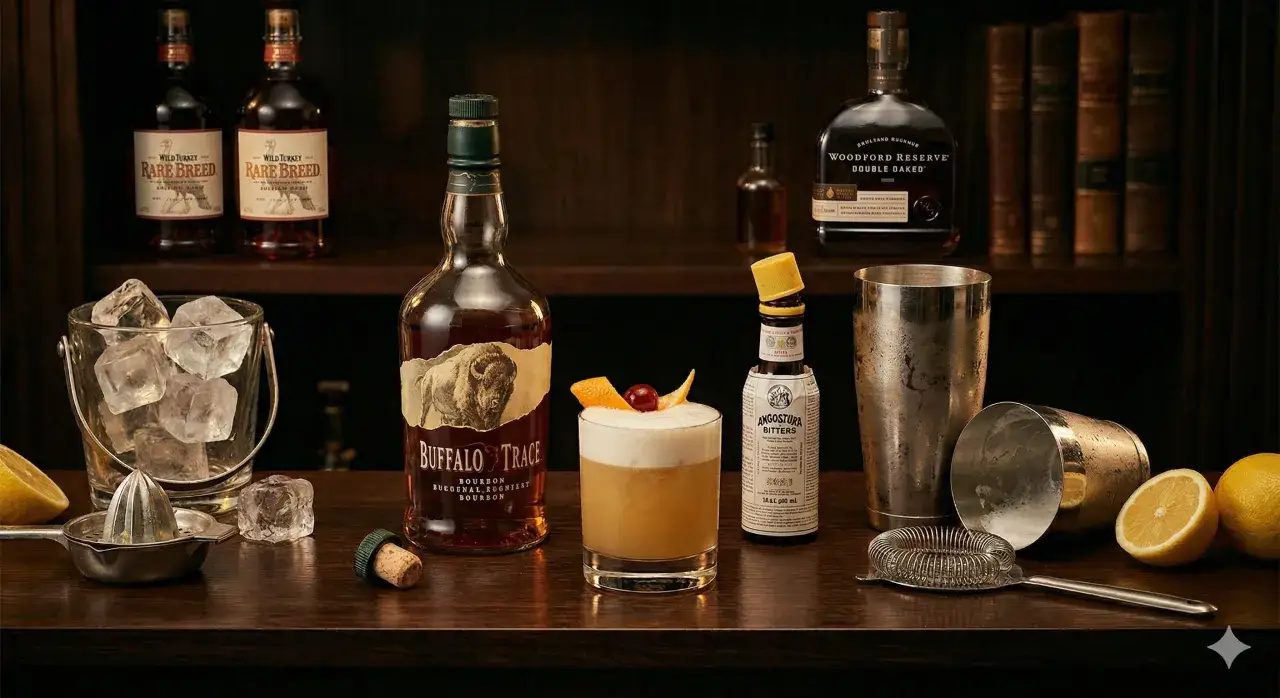 Przyczyny mętnienia drinków typu sour i jak uzyskać idealną piankę z białka. Na blacie barowym butelki bourbonu, shaker, cytryny i gotowy drink.