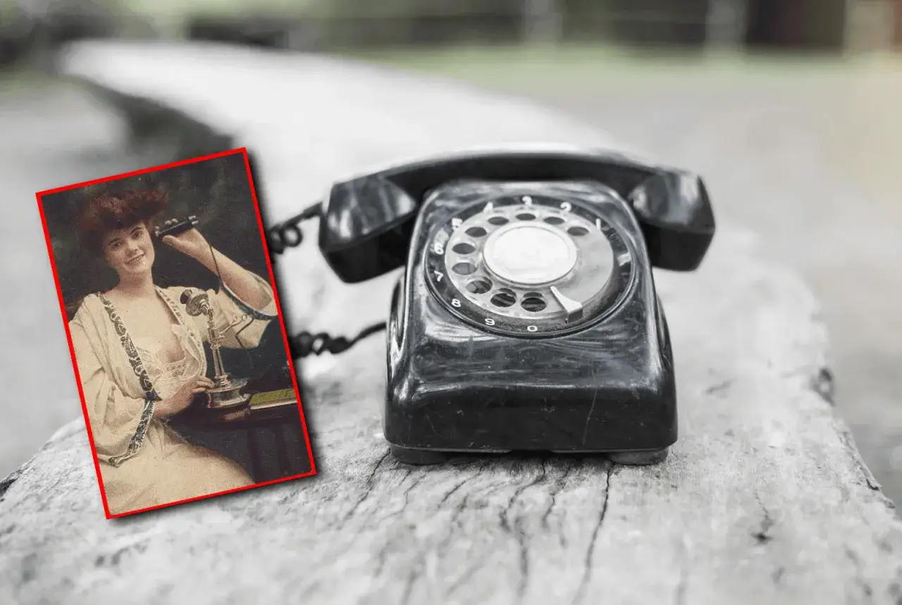 Kiedy Bell wynalazł telefon, kobiety już rozmawiały. Stary telefon i zdjęcie uśmiechniętej damy z epoki.