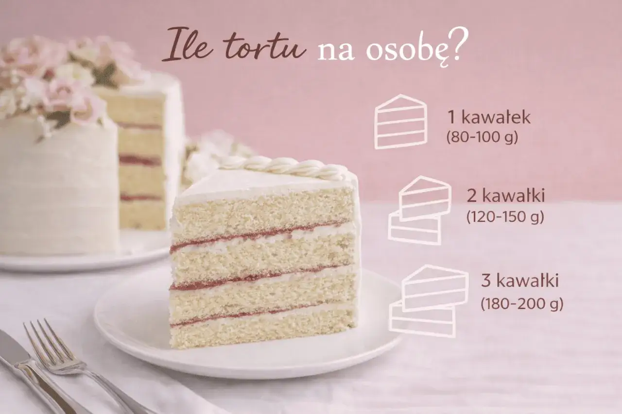 Ile kg tortu na 40 osób? Obrazek pokazuje, że 1 kawałek to 80-100g, 2 to 120-150g, a 3 to 180-200g.
