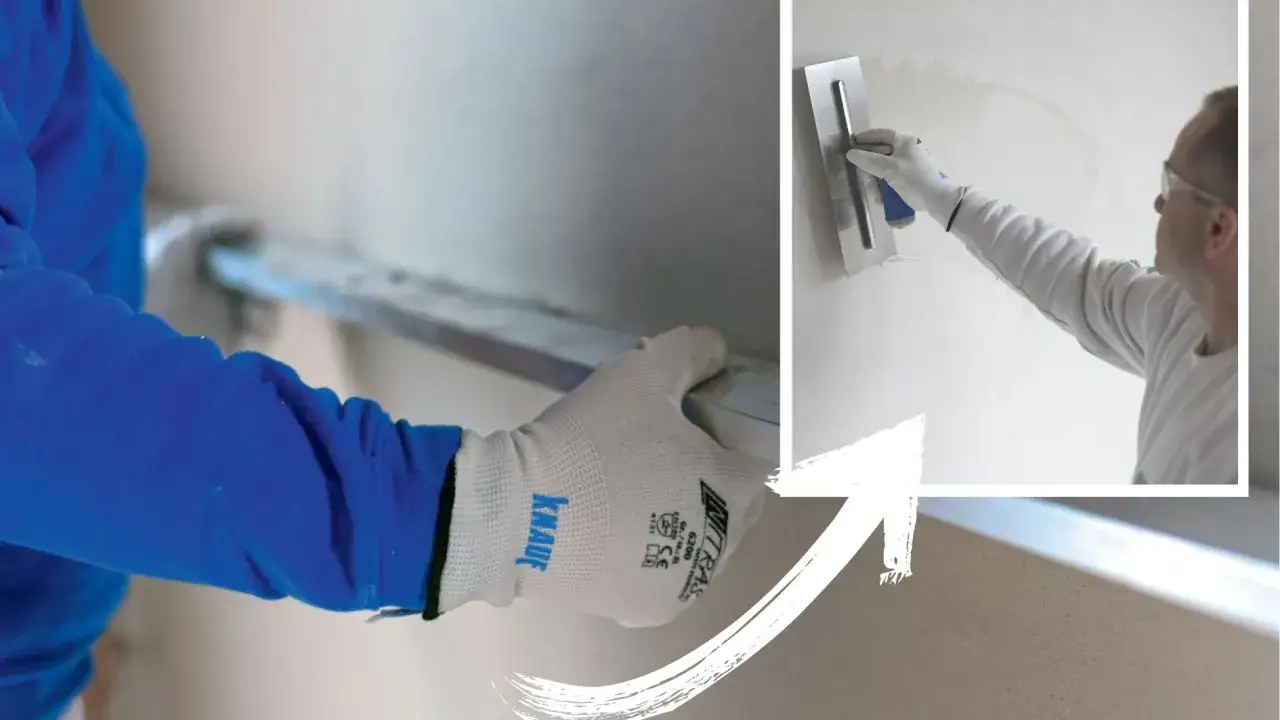 Praca z gładzią: jak obliczyć tynki wewnętrzne. Ręka w rękawicy Knauf wygładza ścianę kielnią.