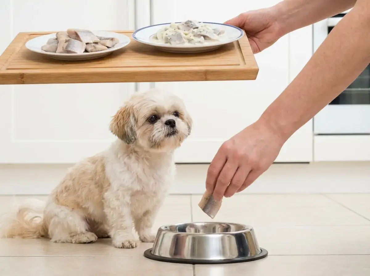 Mały piesek patrzy z nadzieją, gdy ręka wkłada kawałek śledzia do miski. Czy pies może jeść śledzie?