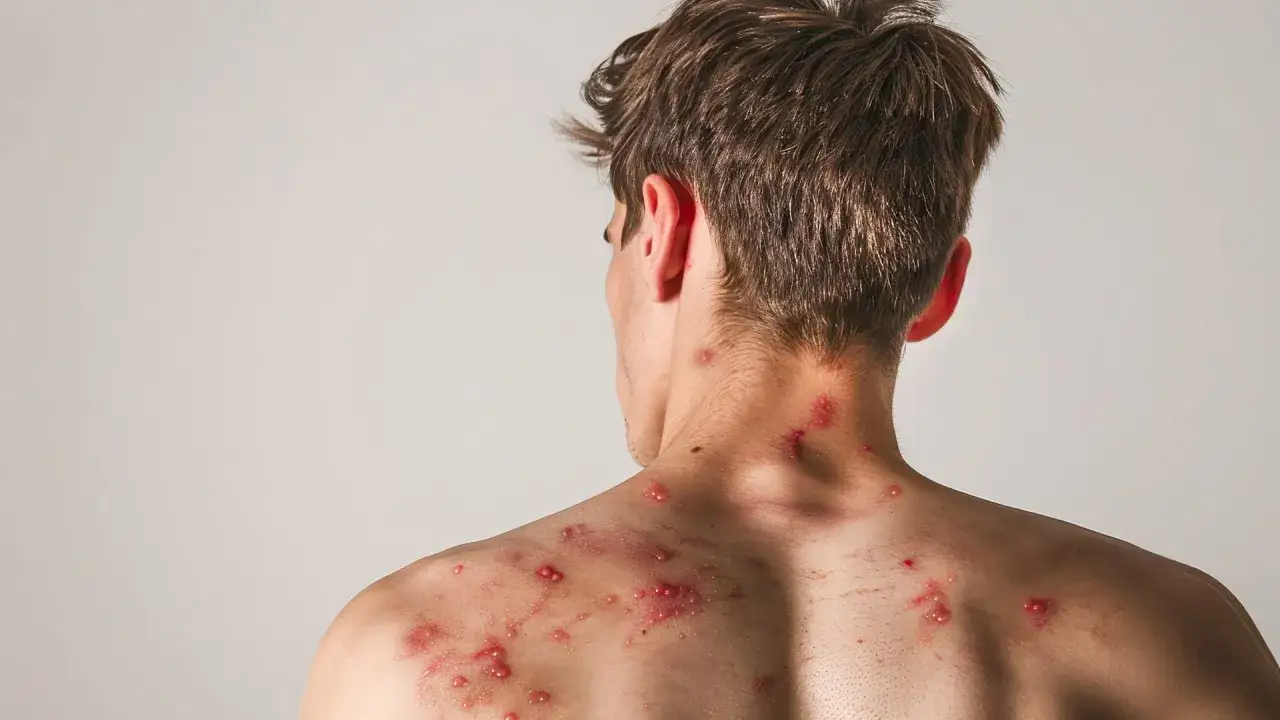 Czerwone, swędzące zmiany skórne na plecach i szyi, mogące być objawem uczulenia na antybiotyk.