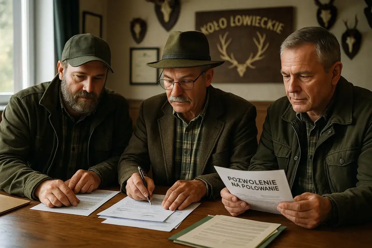 Trzech myśliwych przy stole omawia dokumenty. Jeden z nich podpisuje, drugi trzyma 