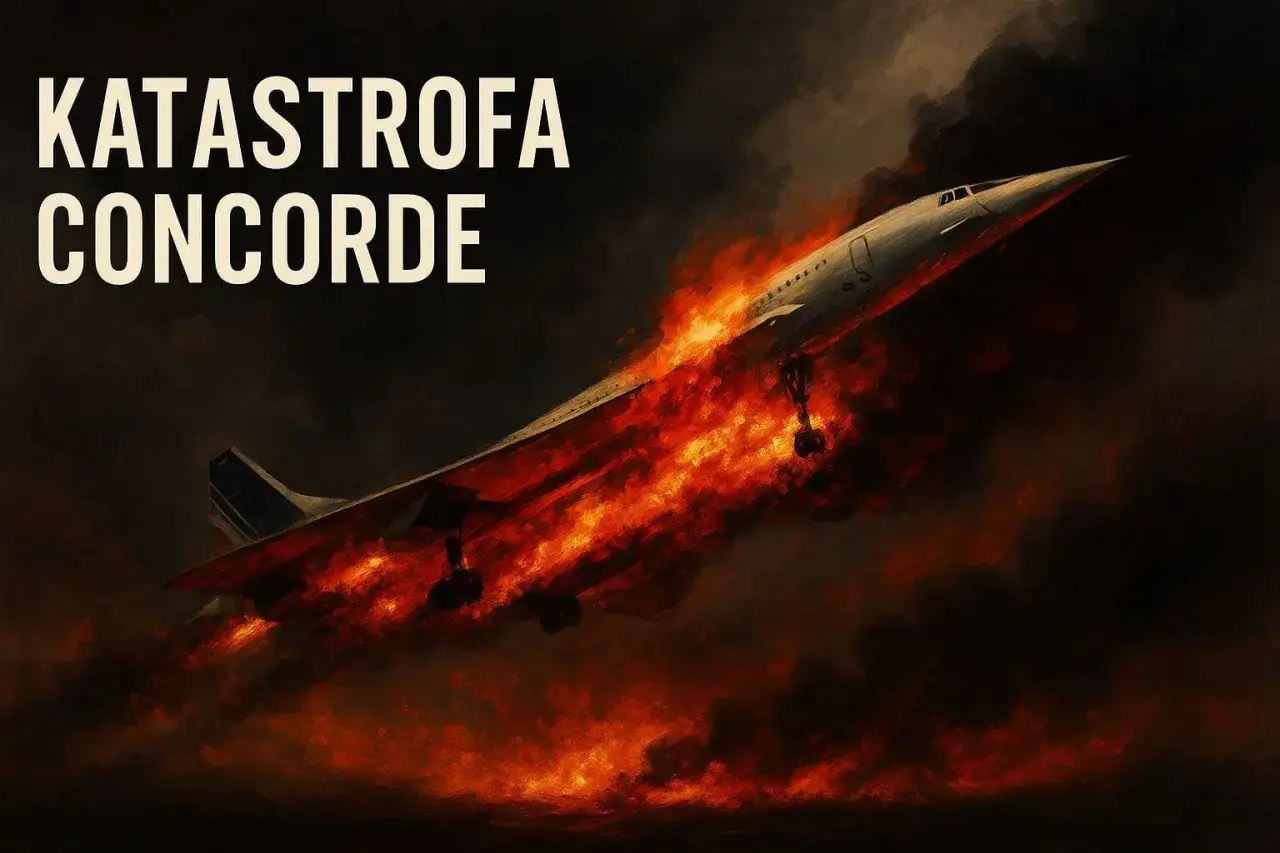 Płonący francuski samolot naddźwiękowy Concorde wznosi się na tle ciemnego nieba.