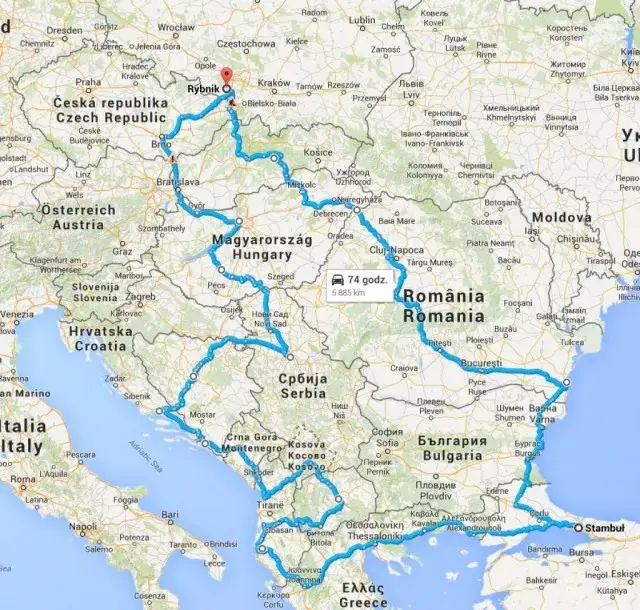 Mapa trasy Polska Słowacja Węgry Rumunia