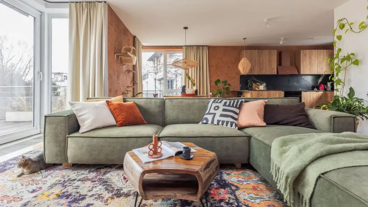 Przytulne, małe mieszkanie w stylu boho. Zielona kanapa, kolorowy dywan, drewniany stolik i kot wylegujący się na podłodze.