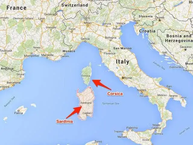 Mapa Korsyki położenie Morze Śr&oacute;dziemne Francja Włochy Sardynia