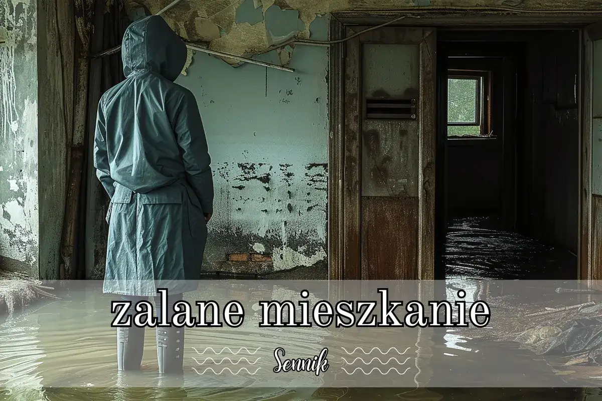 Osoba w płaszczu stoi w zalanym mieszkaniu, patrząc w głąb ciemnego korytarza. Sennik zalanie mieszkania może oznaczać emocjonalny chaos.
