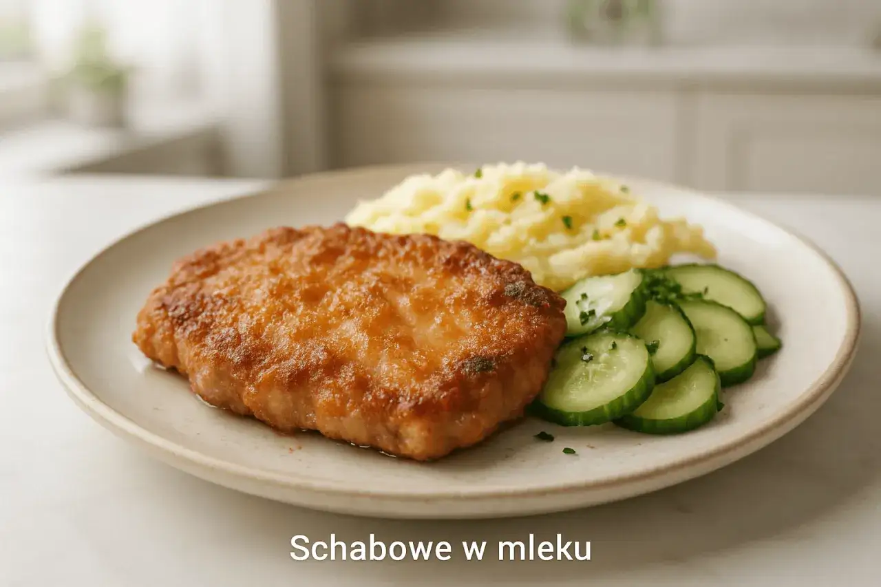 Złociste schabowe w mleku, podane z puree ziemniaczanym i ogórkiem. Idealny sposób, jak przyprawić schabowe na obiad.