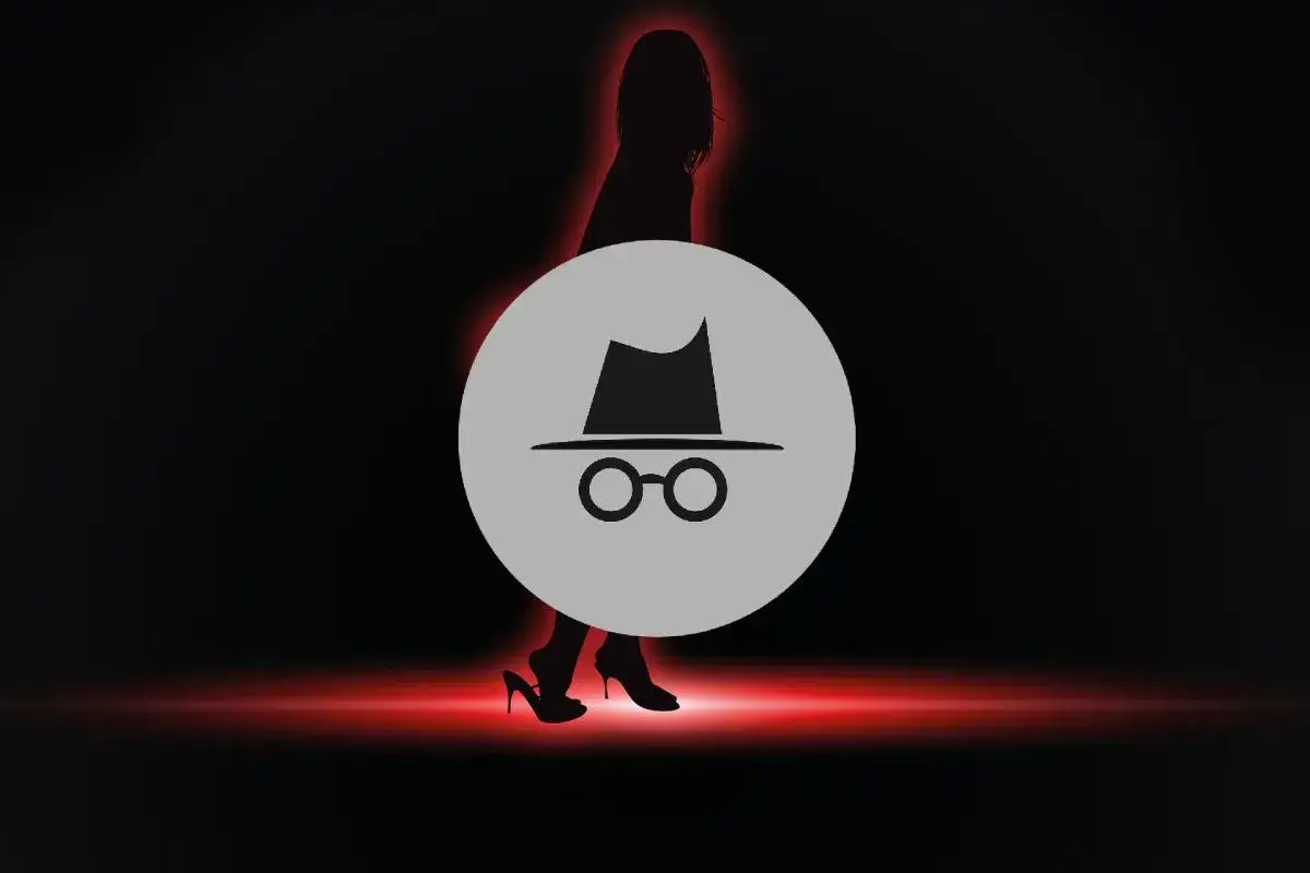 Sylwetka kobiety w kapeluszu i okularach, symbolizująca tryb incognito. Czerwone światło podkreśla tajemniczość.