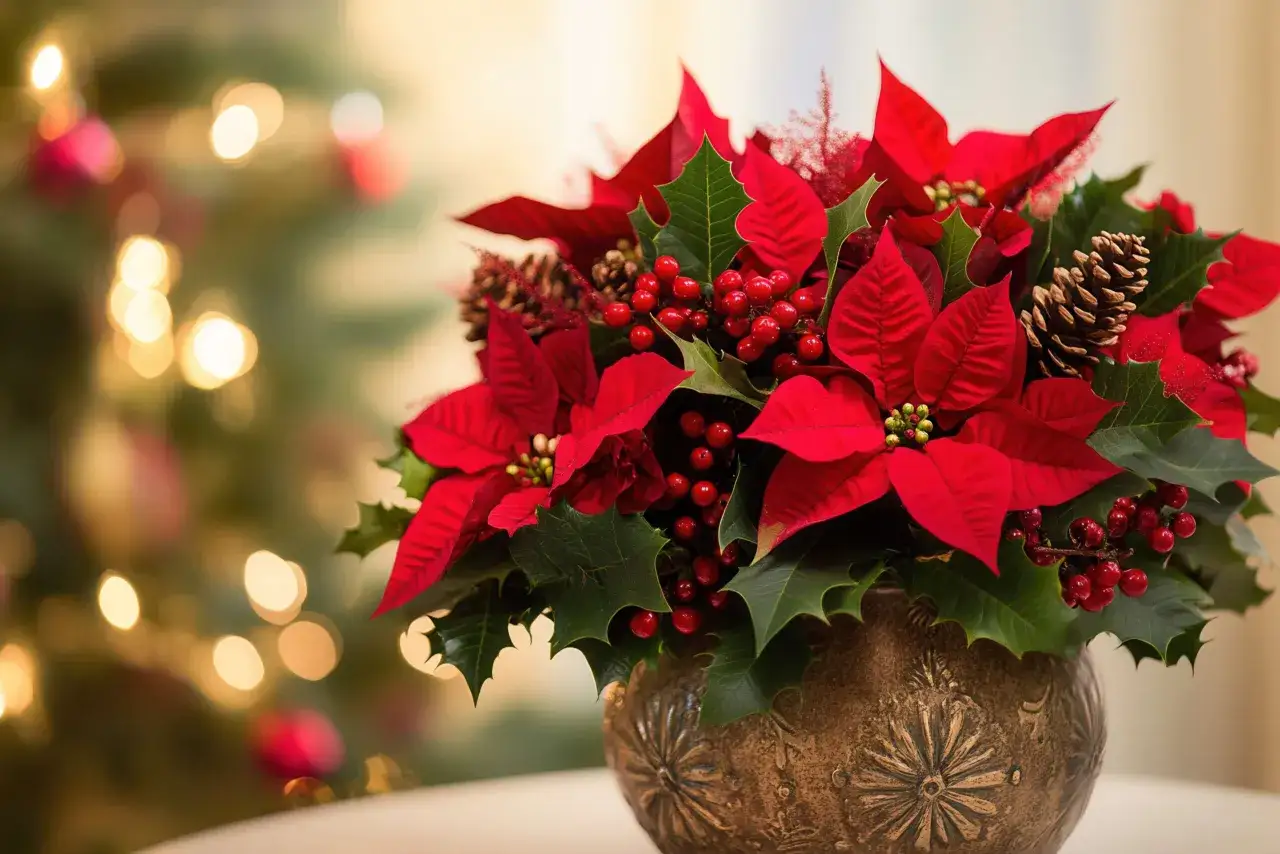 Wesołego dnia gwiazdy betlejemskiej! Czerwone poinsecje, ostrokrzew, szyszki i jagody w ozdobnej wazie, w tle choinka z lampkami.