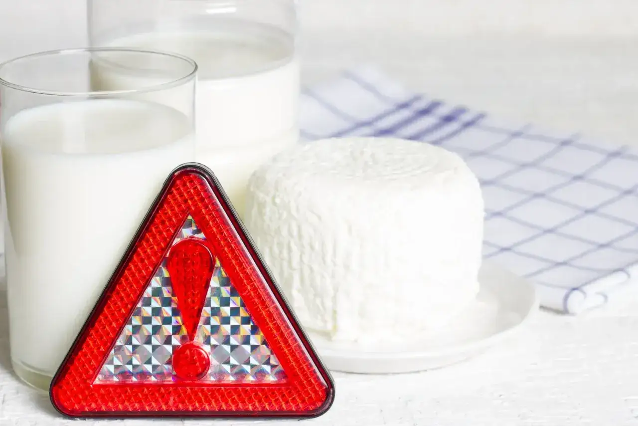 Czerwony tr&oacute;jkąt ostrzegawczy obok mleka i sera. Czy mleko jest lekkostrawne? To pytanie budzi wątpliwości.