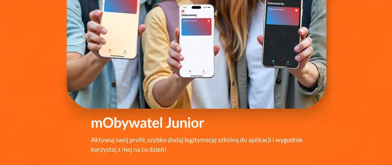 Trzy osoby trzymają telefony z aplikacją mObywatel. Czy osoba niepełnoletnia może mieć mObywatel? Tak, mObywatel Junior to rozwiązanie dla młodych.