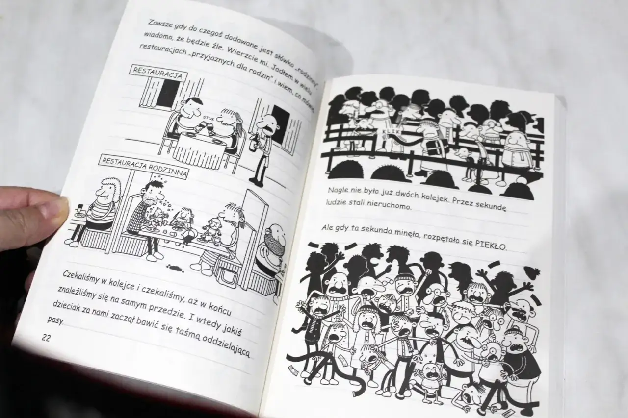 wnętrze książki dziennik cwaniaczka, komiksowe ilustracje