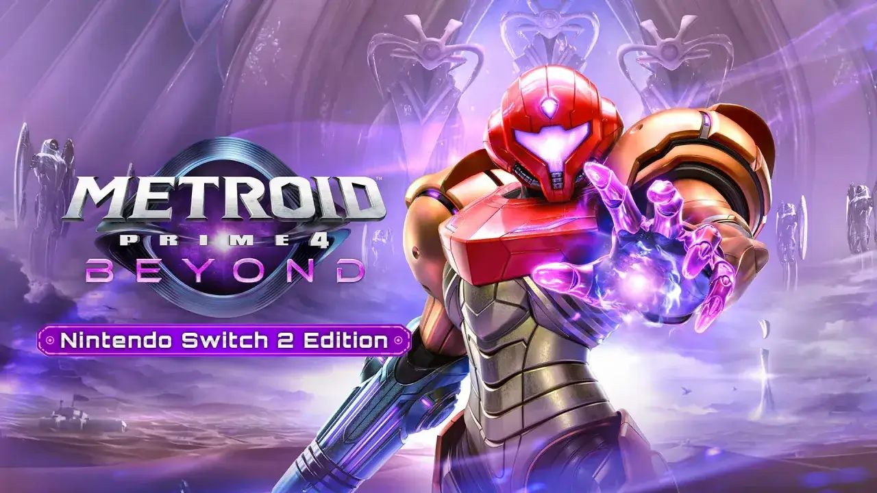Samus Aran w zbroi z Metroid Prime 4: Beyond, z fioletową energią w dłoni, na tle kosmicznego krajobrazu.