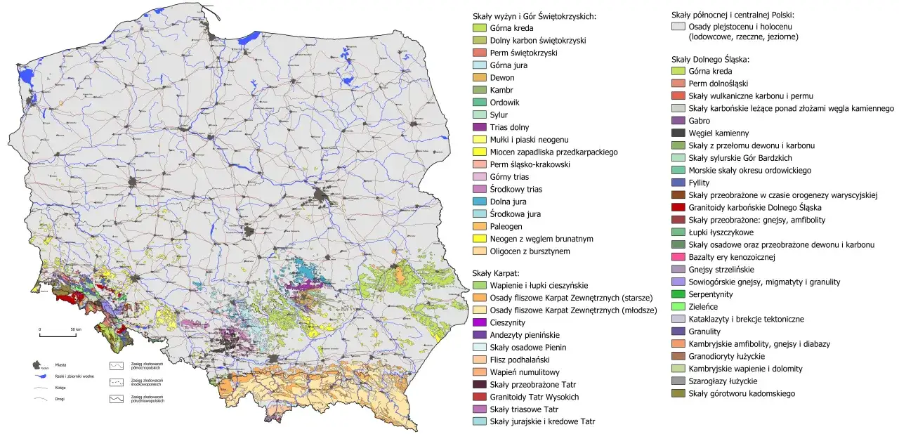 Mapa geologiczna Polski ukazuje, jak powstały góry i inne formacje skalne. Różne kolory oznaczają skały z różnych epok geologicznych.