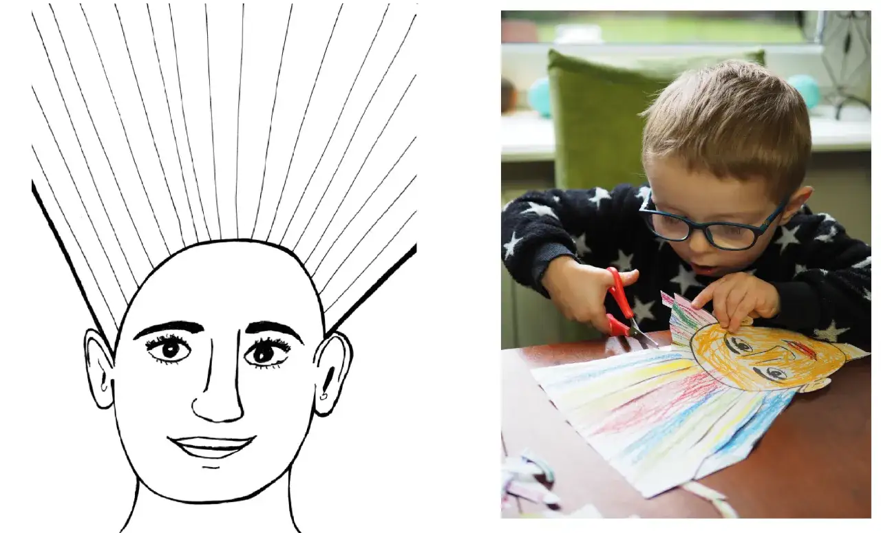 Chłopiec wycina kolorową postać z szablonu wycinanki do druku.